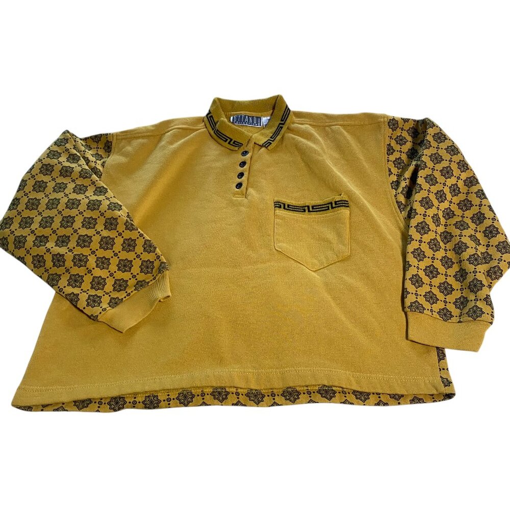 Vintage 90s Gitano Size Large Polo Long Sleeve Pullover Yellow Crop Geo Print